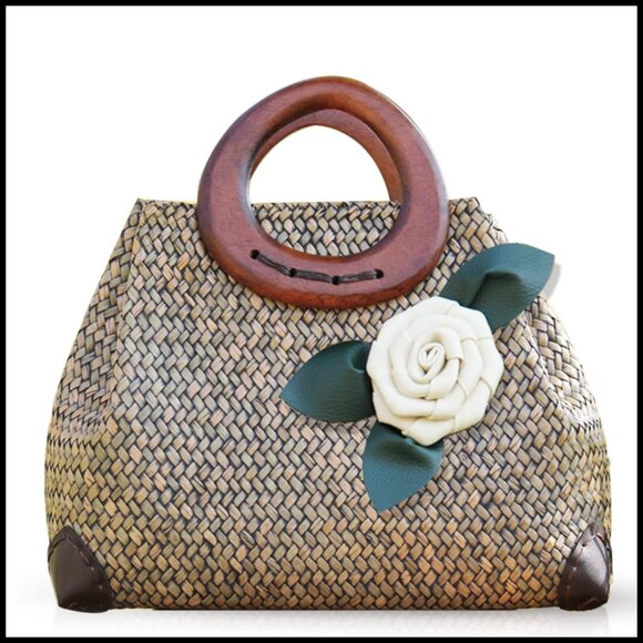 Boho Rattan Tote Bag Handmade Straw Beach Bag Vintage Retro Style
